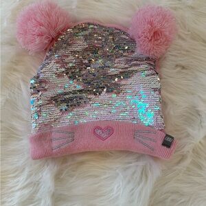 Skechers Pink Sequin Kids Hat with Pom-Poms